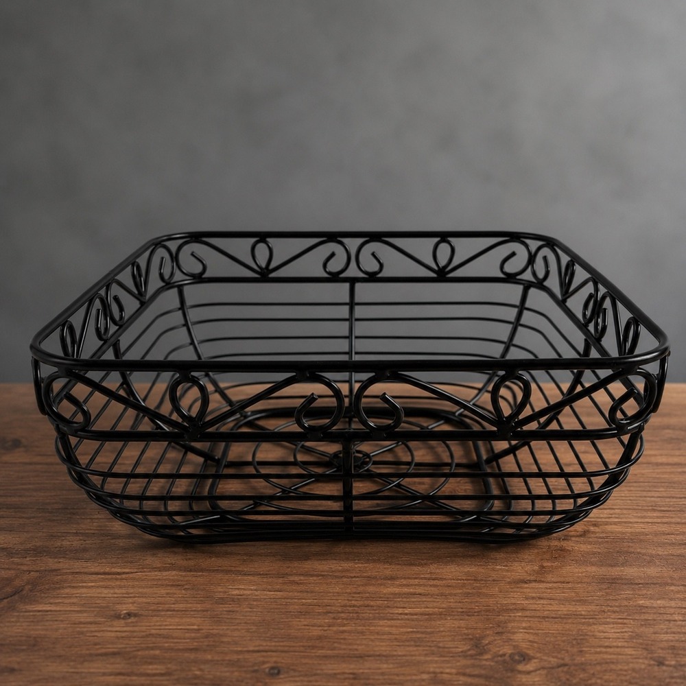 Black Metal Retro Square Basket Scrollwork Decorative Fruit Storage 10x10x4.5